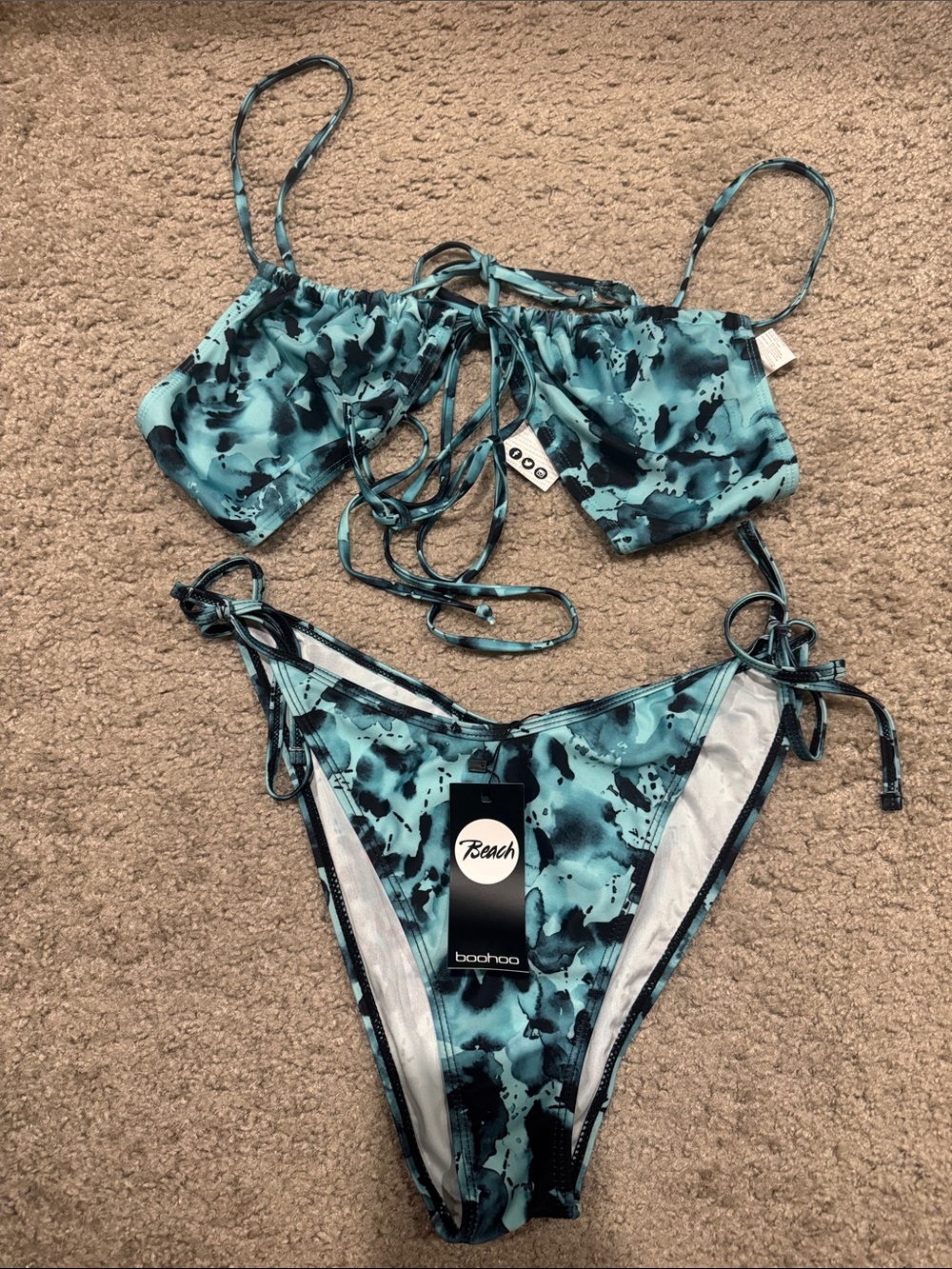 Boohoo Aqua & Black Abstract Tie-Side Bikini